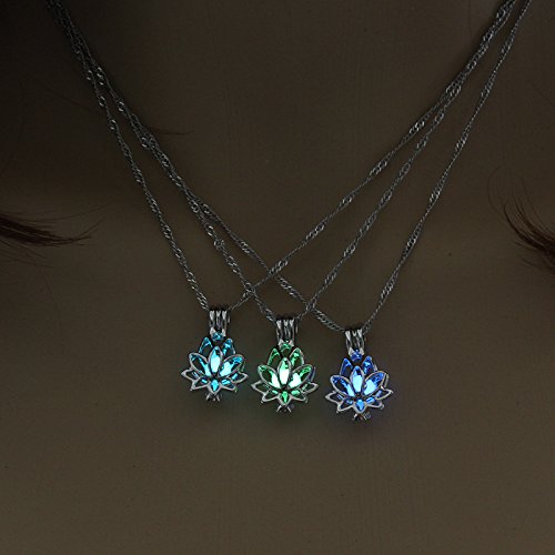 [Australia] - Luminous Lotus Pendant Necklace, Hollow Flower Lockets Necklace Blue 