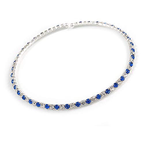 [Australia] - Avalaya Thin Blue/Clear Crystal Flex Choker Necklace in Silver Tone - Adjustable 