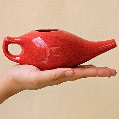 [Australia] - Ceramic Neti Pot for Nasal Cleansing Crackle Pattern | Ceramic Neti Pot with 10 Sachets of Neti Salt | Natural Treatment for Sinus, Infection and Congestion (Red) 