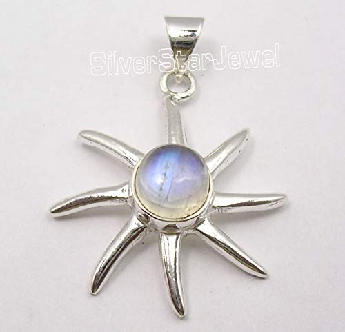 [Australia] - SilverStarJewel 925 Sterling Silver Natural Rainbow Moonstone tcw 1.4 Pendant 1.3" 