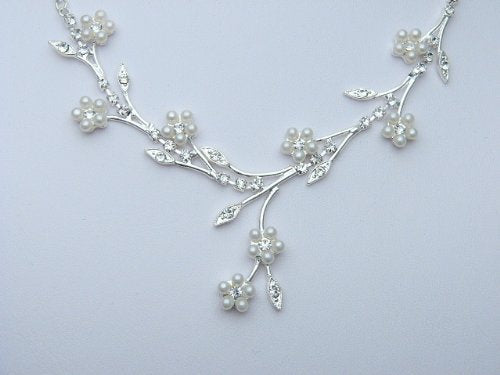 [Australia] - Crystal Flower Leaf Bridal Wedding Necklace Earrings Set - Silver Plated Faux Pearls N143 