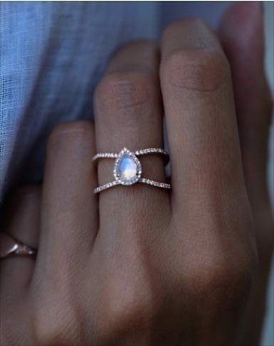 [Australia] - Pingyongchang Exquisite Teardrop Moonstone Double Band Femme Natural Valentines Wedding Ring Jewelry Rose Gold Size 6-10 