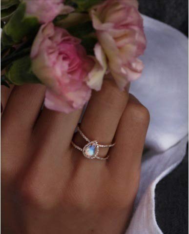[Australia] - Pingyongchang Exquisite Teardrop Moonstone Double Band Femme Natural Valentines Wedding Ring Jewelry Rose Gold Size 6-10 