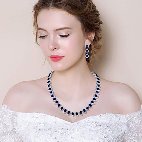[Australia] - EleQueen Women's Silver-Tone Full Prong Cubic Zirconia Teardrop Bridal Necklace Earrings Set Sapphire Color 