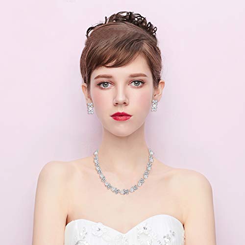 [Australia] - BriLove Wedding Bridal Simulated Pearl Necklace Bracelet Earrings Jewelry Set for Women Crystal Flower Collar Necklace Tennis Bracelet Drop Earrings Set Clear Silver-Tone 