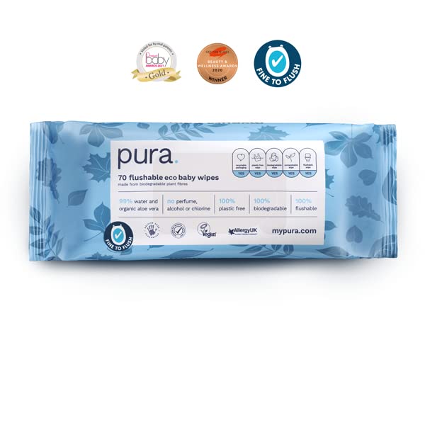 [Australia] - Pura Flushable Baby Wipes 100% Plastic Free, 99% Water, Suitable for Sensitive Skin & Eczema Prone Skin, Biodegradable, 70 Wipes Flushable (70 Wipes) 