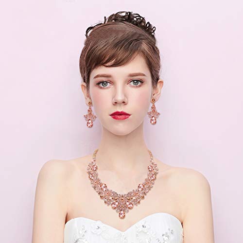 [Australia] - BriLove Women's Costume Elegant Crystal Flower Scroll Teardrop Statement Necklace Dangle Earrings Set Peach Rose-Gold-Tone 