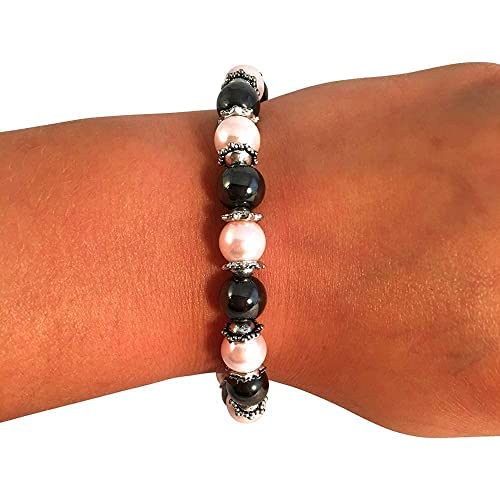 [Australia] - Pretty Pink Pearl & Hematite Stone Natural Magnetic Bracelet for Women - Stretch to Fit Any Wrist - Supplied in a Jewellery Gift Box 