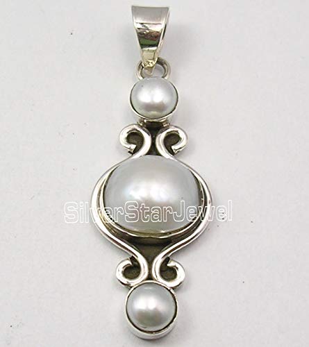 [Australia] - SilverStarJewel Round, Oval Pearl Oxidized Pendant 1.7" 925 Fine Silver Jewelry 