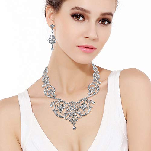 [Australia] - EVER FAITH Bridal Silver-Tone Art Deco Flower Leaf Necklace Earrings Set Clear Austrian Crystal 