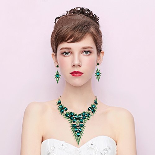 [Australia] - BriLove Women's Wedding Bridal Crystal Multi Oval-Shape Flower Leaf Enamel Statement Necklace Dangle Earrings Set Emerald Color Gold-Tone 