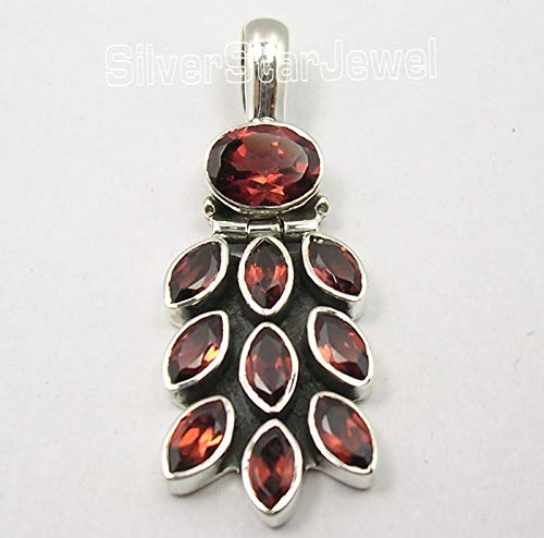 [Australia] - SilverStarJewel Garnet 10 Stone Necklace Pendant 1.5" 4.7 Grams Solid Sterling Silver 