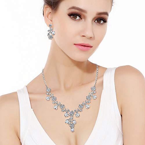 [Australia] - EVER FAITH Flower Leaf Necklace Earrings Set Austrian Crystal 1-Clear Silver-Tone 