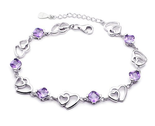 [Australia] - findout 925 Silver Amethyst Heart Shape Set Earring and Pendant Necklace bracelet Set With Curb Chain 18in For Women Girls (f368) 