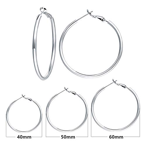 [Australia] - 3 Pairs Sterling Silver Hoop Earrings - 14k White Gold Plated Hoop Earrings Big Hoop Earrings Set Silver Hoop Earrings for Women Girls Valentine's Day Gift (40MM 50MM 60MM) … A-Silver 40mm 50mm 60mm 