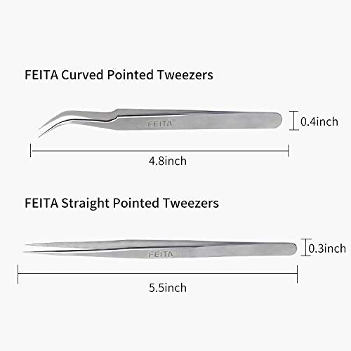 [Australia] - Best Eyelash Extension Tweezer Set - FEITA Pro Straight & Curved Pointy Precision Fine Tip Tweezers for Lash Extensions - Silver - 2Pcs 