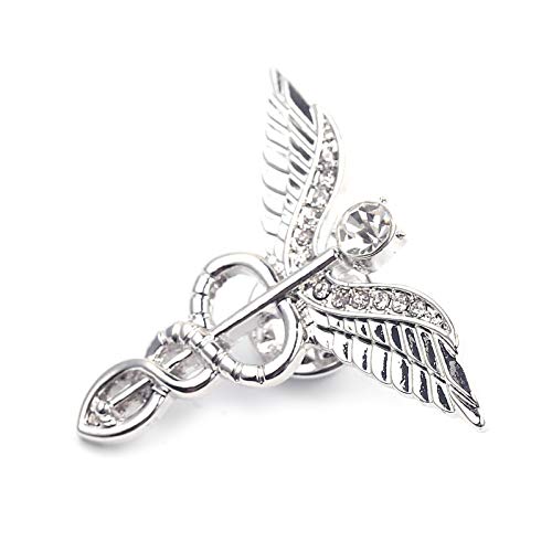 [Australia] - QIAN0813 Medical Symbol Caduceus Stethoscope RN Nursing Badge Brooches Lapel Pin for Registered Nurse Doctor Rod of Asclepius Emergency Brooch Jewelry Angel Wing-Silver 