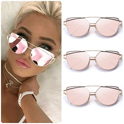 [Australia] - ROSE GOLD Cat Eye Women Ladies Sunglasses Mirrored Aviator Reflective Retro UK Rose Gold Pink 