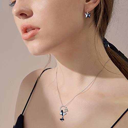 [Australia] - EleQueen 925 Sterling Silver Butterfly Denim Blue Pendant Necklace Stud Earrings Jewelry Set Made with Crystals 