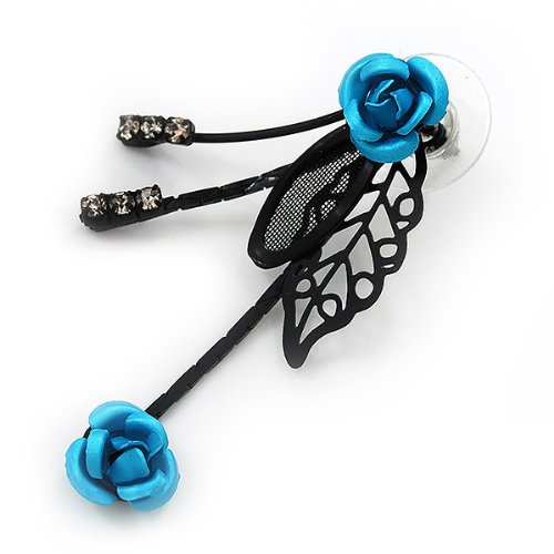 [Australia] - Delicate Y-Shape Blue Rose Necklace & Drop Earring Set In Black Metal 