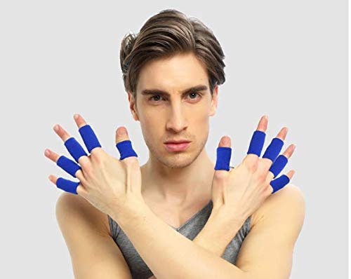 [Australia] - WOIWO 10 Pieces Blue Finger Sleeves Sports Elastic Finger Sleeve Support Protector for Volleyball Basketball Badminton Baseball Tennis Boating Gym 