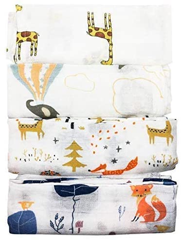 [Australia] - Little English Quality Muslin Squares cloth for Babies, Ultrasoft with 4 unique animal designs - Animal Friends - Pack of 4 - Size 60cm x 60cm 