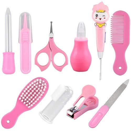 [Australia] - Pinsheng 10 PCS Baby Healthcare Grooming Kits, Newborn Baby Care Accessories, Safety Cutter Baby Nail Clipper Scissors Hair Comb Brush Nose Cleaner Safety for Toddler Infant Nursing Grooming(Pink) 