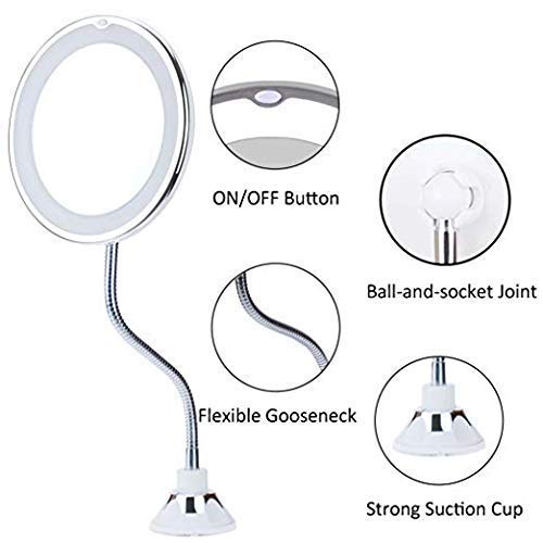 [Australia] - Flexible Gooseneck Makeup Mirrors 360 Degree Rotation LED 10X with Strong Suction Cup Portable Cordless Mirror Travel Home Mirror 