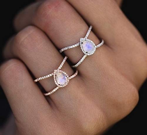 [Australia] - Pingyongchang Exquisite Teardrop Moonstone Double Band Femme Natural Valentines Wedding Ring Jewelry Rose Gold Size 6-10 