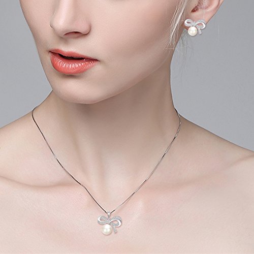 [Australia] - BriLove Women 925 Sterling Silver CZ AAA Freshwater Cultured Pearl Necklace Earrings Set 08. Bow-tie 