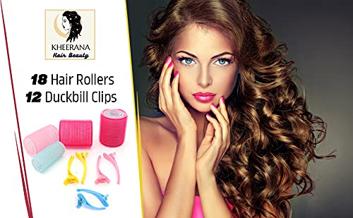 [Australia] - KHEERANA 30 Pieces Hair Rollers - 18 Self Grip Rollers, 12 Duckbill Clips - Salon Hairdressing Hair Curlers 44mm, 36mm And 25mm for Curling and Hair Styling (Rollers+Clips) (30 PCS) 30 PCS 