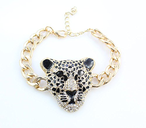 [Australia] - Cool Leopard Head Bracelet Earrings Necklace Ring Set 18k Gold Plated Rhinestone Chunky Curb Chain Costume African Jewelry Sets Jewelry Set 