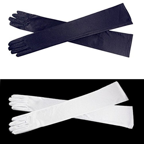 [Australia] - DH Women's Evening Gloves 22" Long White/Black Satin Finger Gloves - 2 Pairs Pack 