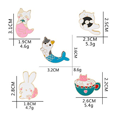 [Australia] - WINZIK Lapel Pins Set Novelty Cute Cartoon Brooch Badges for Children Adults Clothes Backpacks Decor Cute Cat Mermaid Rabbit Pins Set of 5 