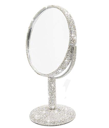 [Australia] - Bestbling Bling Rhinestone Portable Magnified Double Sided Swivel Makeup Vanity Mirror, 360°Rotate Makeup Mirror Round Shaped Two-Sided Makeup Mirror (Silver) Silver 