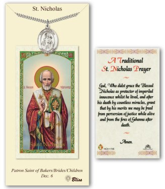 [Australia] - Pewter St. Saint Nicholas medal on an 24in Stainless Silver Heavy Curb Chain with a Traditional St Nicholas Prayer Prayer Card Medal Pendant Necklace. 