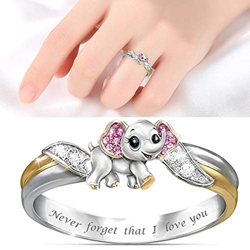 [Australia] - BELUCKIN 4Pcs/Set Cute Elephant Pendant Necklace Earring Finger Ring Set"Never forget that I love you" Letters Charm Jewelry Set Gift set/4 