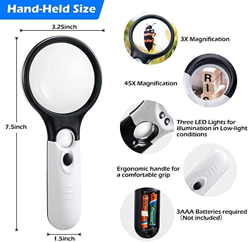 [Australia] - Magnifying Glass with Light, 3X 45X Handheld Large Magnifier, Lightweight LED Illuminated Magnifying Glass for Reading, Macular Degeneration, Inspection, Jewellery, Coins, Hobbies & Crafts 