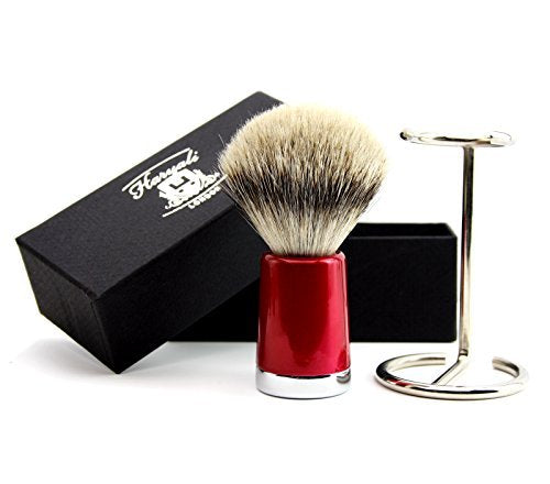 [Australia] - Mens Sliver Tip Badger Hair Shaving Brush with Shiny Red Base & Stainless Steel Brush Stand/Holder 