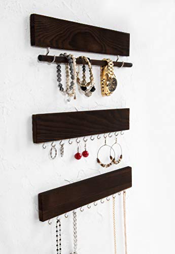 [Australia] - Rustic Jewelry Display Organizer for Wall – Wall Mounted Jewelry Holder Organizer with Removable Bracelet Rod and 24 Hooks – Perfect Earrings, Necklaces and Bracelets Holder – Dark Brown 