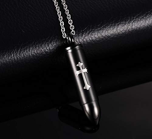 [Australia] - Rockyu Bullet Necklace for Men Silver Stainless Steel Black Gold Plated Bullet Pendant Engraved with Cross for Ashes Cremation Memorial Keepsake Chain 20 Inch 