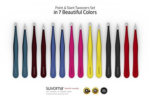 [Australia] - Suvorna 4" Precision Aligned Professional Tweezers Color Sets with Premium Stainless Steel. One Sharp Pointed Pair and One Slant Tip Pair for Eyebrow Shaping. Great for Ingrown Hair (Black) Black 