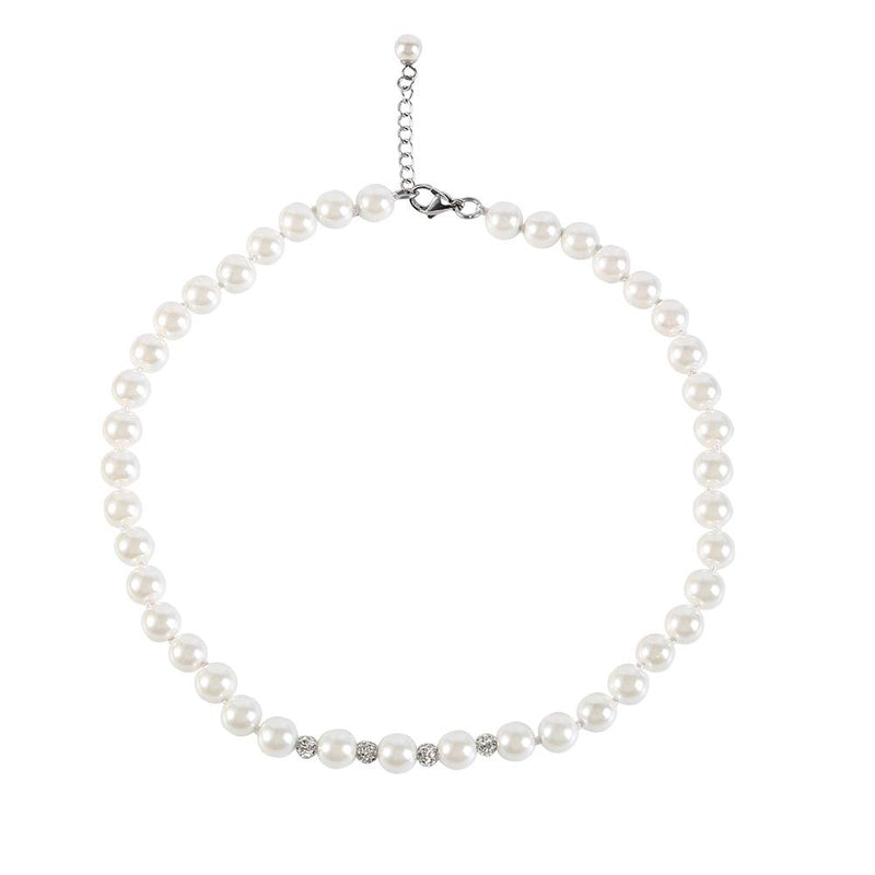 [Australia] - LEILE White 8mm Glass Pearls Necklace Bracelet Earring Diamond Jewelry 3 Set Wholesale for Women Little Girls 14.5inch 