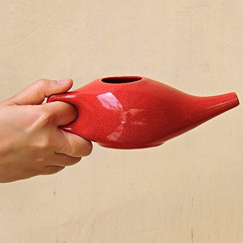 [Australia] - Ceramic Neti Pot for Nasal Cleansing Crackle Pattern | Ceramic Neti Pot with 10 Sachets of Neti Salt | Natural Treatment for Sinus, Infection and Congestion (Red) 
