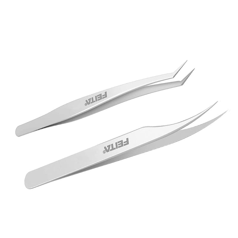 [Australia] - Volume Eyelash Extension Tweezers - FEITA Professional Stainless Steel Angled Curved Pointy Precision Tweezer Set for Single Lash, 3D-6D Volume Lashes, Hair Removal (2 Pcs) 