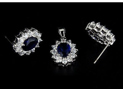 [Australia] - Blue Simulated Sapphire Zirconia Crystals Ellipse Set Pendant Necklace 18" Earrings 18 ct White Gold Plated 