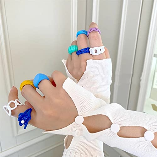 [Australia] - 5 Pcs Set Y2K Chunky Chain Ring Trendy Open Finger Colorful Dripping Oil Geometric Rings Hand-Painted Irregular Ring Colorful Kids Ring Stacked Ring for Women Girls Children Style A 