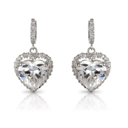 [Australia] - Bridal Evening Wear - White 14K Silver Tone Crystals Pave Heart Necklace Earrings Set 