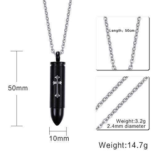 [Australia] - Rockyu Bullet Necklace for Men Silver Stainless Steel Black Gold Plated Bullet Pendant Engraved with Cross for Ashes Cremation Memorial Keepsake Chain 20 Inch 