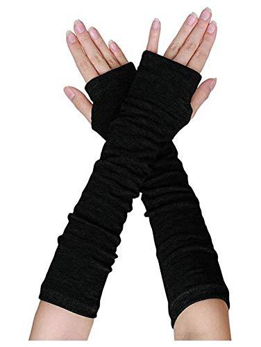 [Australia] - Women Long Stretch Fingerless Gloves Knitted Thumbhole Arm Warmmer Oversleeve Arm Sleeve(Lotus Leaf Edge Style) Black 